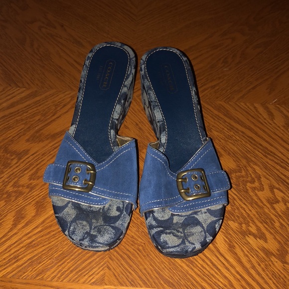 MOVING SALE NO HAGGLING WOMEN AUTHENTIC COACH BLUE DEMIN WEDGE SLIP ON SANDAL - Picture 2 of 13